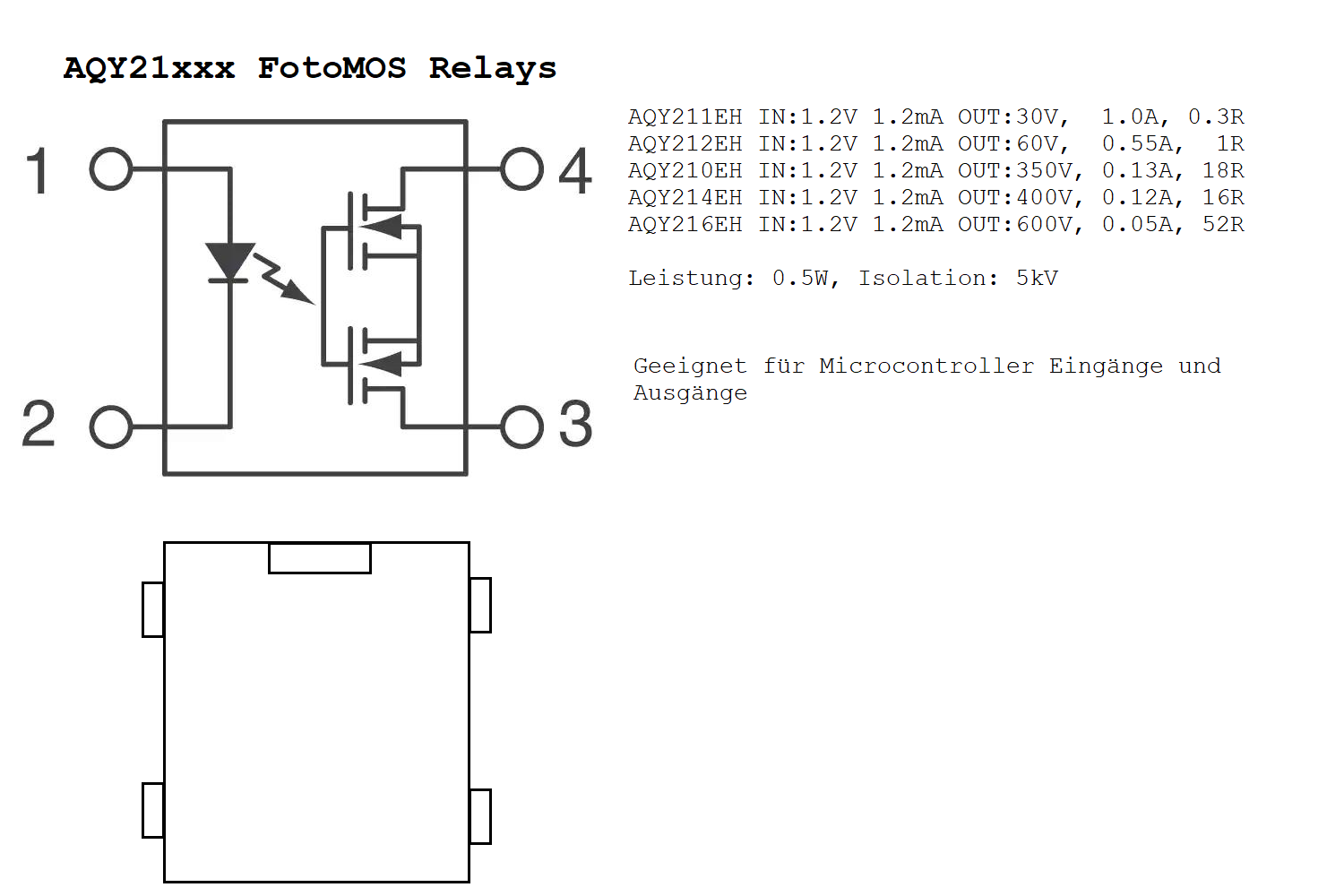Optokoppler AQY210EH FotoMOS Relay DIL4 IN:1.2V 1.2mA OUT:350V 0.13A 18R